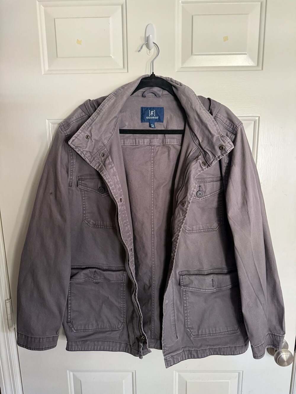 George Men's Utility Jacket Grey Size L 42-44 Hooded Full Zip Cargo Pockets